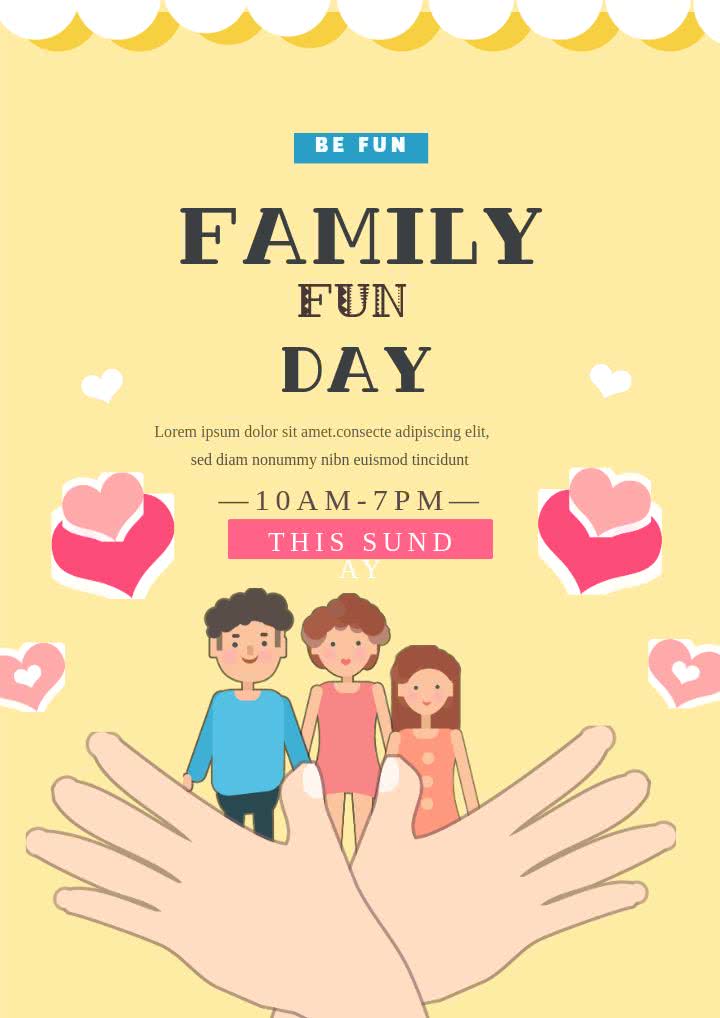 invitation to a festive fun day celebration for a family of three on a cheerful yellow flyer