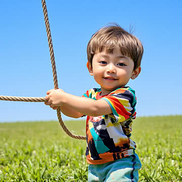 Joyful Playtime A Young Child Pulling a Rope in the Sunlight